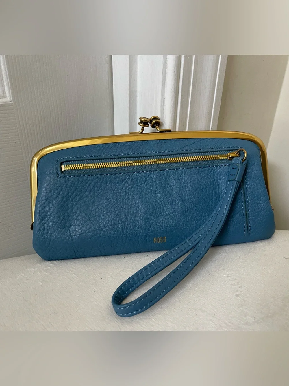 HOBO Teal Leather Wristlet Clutch with Gold Hardware